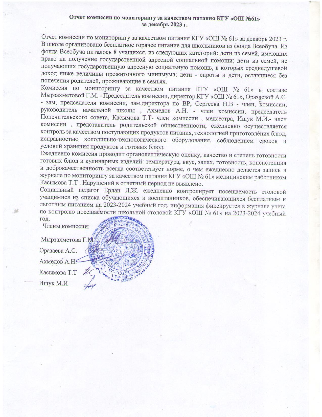 Отчет комиссии по мониторингу за качеством питания за декабрь 2023-2024 г