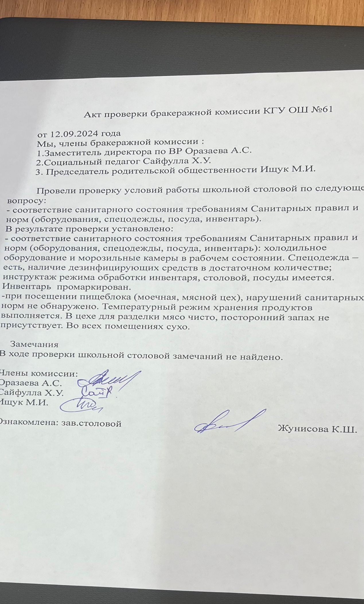 Акт проверки бракеражной комиссии