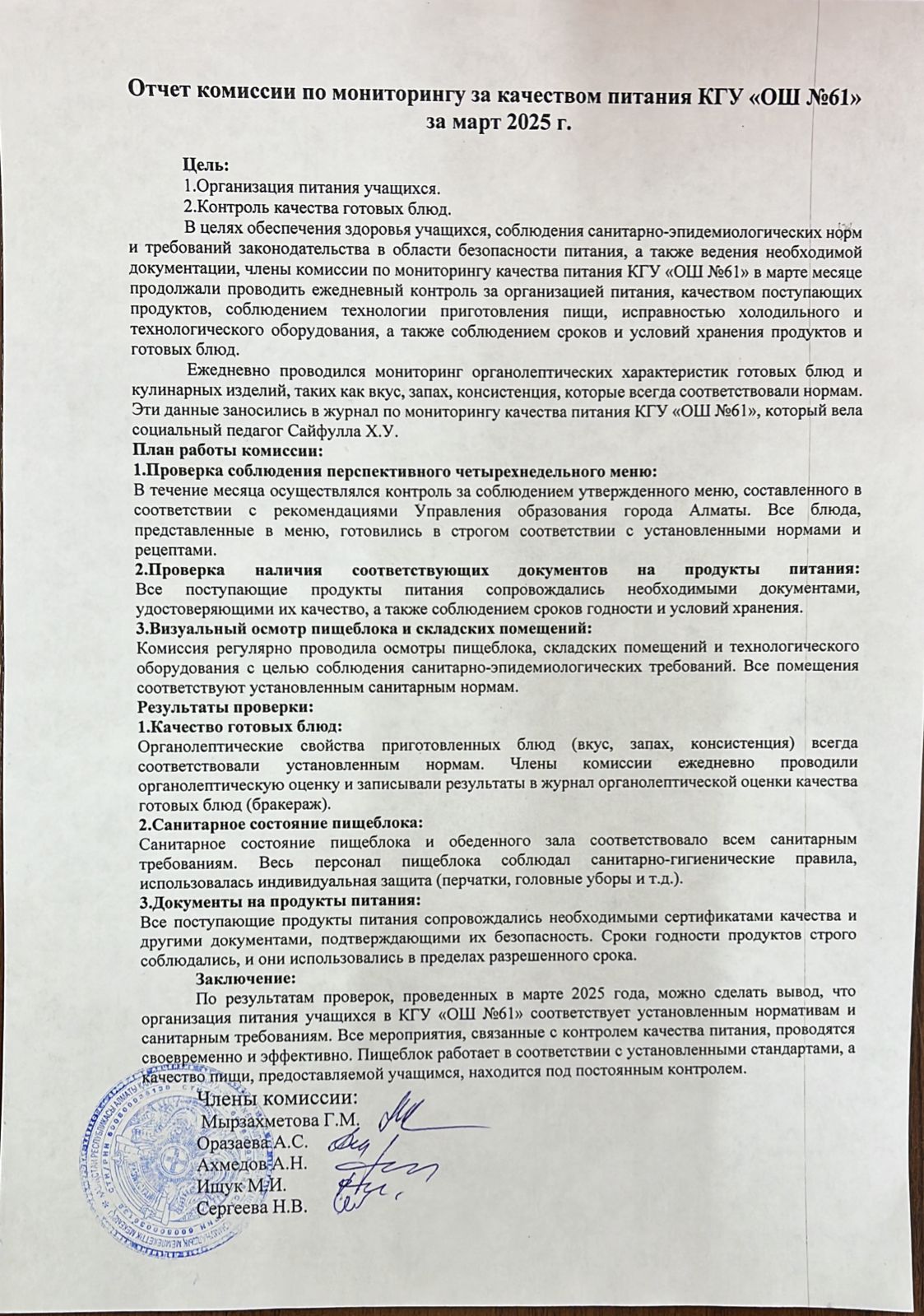 Отчет комиссии по мониторингу за качеством питания за март 2025г.