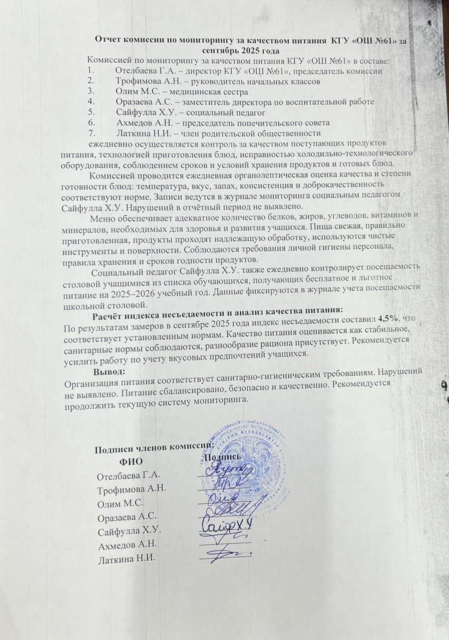Отчет комиссии по мониторингу за качеством питания  КГУ «ОШ №61» за сентябрь 2025 года